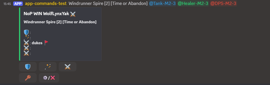 Discord view of a Discord-LFG group message with role buttons