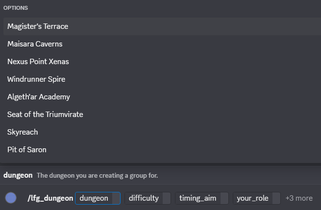 LFG Dungeon autocomplete list for dungeons